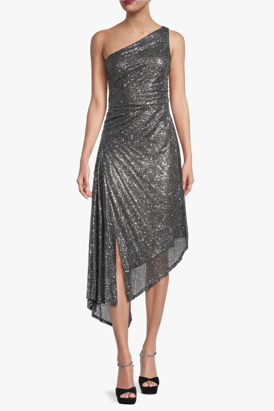Emanuel Ungaro Sequined Pewter Ava Asymmetrical Dress Size 10 NWT $995